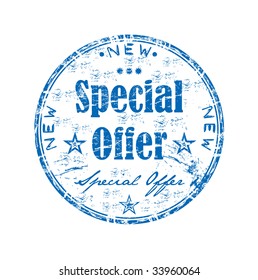 Blue grunge rubber stamp with the text new special offer written inside the stamp