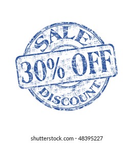 Blue grunge rubber stamp with the text sale discount thirty percent off written inside the stamp
