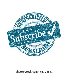 Blue grunge rubber stamp with the text subscribe written inside the stamp