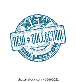 Blue grunge rubber stamp with the text new collection written inside the stamp