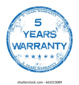 Blue grunge rubber stamp with the text five years warranty written inside the stamp