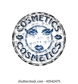 Blue grunge rubber stamp with two beautiful eyes and sweet lips of a beautiful woman. Cosmetics rubber stamp