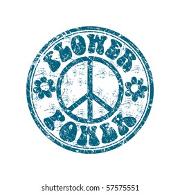 Blue grunge rubber stamp with two flower shapes, the hippie sign and the text flower power written inside the stamp