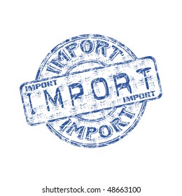 Blue grunge rubber stamp with the word import written inside the stamp