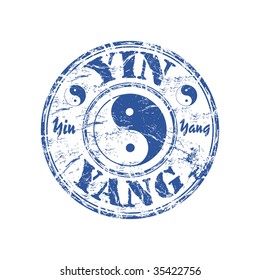 Blue grunge rubber stamp with the yin and yang taoistic symbol of balance