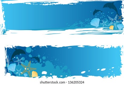 Blue grunge sea banner with dolphins, starfishes and seashells