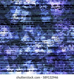 Blue grunge seamless texture. Horizontal lines, small circles, chaotic squares
