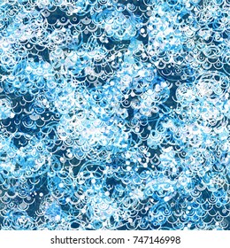 Blue grunge seamless texture from scribbles, rings, arcs. Uneven surface. Abstract vector background for web page, banners backdrop, fabric, home decor, wrapping