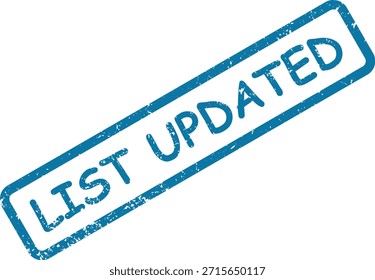 Uma impressão de selo azul grunge em uma superfície branca limpa, exibindo diagonalmente "LISTA ATUALIZADA" dentro de um quadro retangular.
