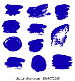 Blue Grunge Strokes. Colorful Brush Graffiti. Watercolor Painting. Distress frame. Grungy Paint. Set Of Hand Drawn Indigo Grunge Brushes. Splash Banner. Watercolor Drawing.