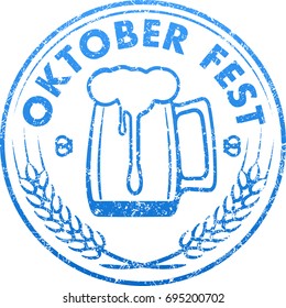 Blue grunge style rubber stamp design with glass of beer, ears of barley and caption Oktoberfest.