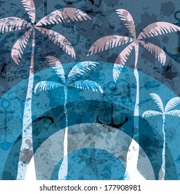 Blauer Grunge, sommerlicher Hintergrund, Palmen, Vektorgrafik eps10