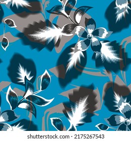 blue grunge texture seamless tropical pattern with abstract floral plants leaves and foliage on gray background. Modern abstract seamless pattern. nature elements. Floral background. Exotic tropics