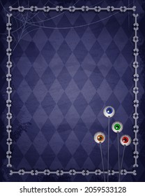 Blue grunge wallpaper background with bones and creepy eyes for vector Halloween design