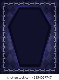 Blue grunge wallpaper background with bones and coffin frame for vector Halloween design
