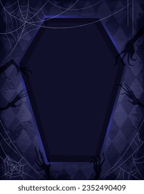 Fondo de fondo de fondo de fondo de fondo gris azul con marco de ataúd, manos espeluznantes y telaraña para el diseño vectorial de Halloween
