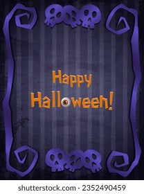 Blue grunge wallpaper background with creepy curved frame and skulls for vector Halloween design
