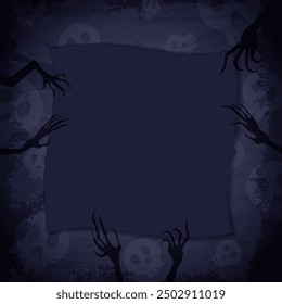 Blue grunge wallpaper background with creepy skulls, empty frame and creepy hands for vector Halloween design