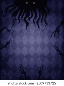 Blue grunge wallpaper background with creepy hands and shadow of spooky creature for vector Halloween design