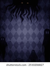 Blue grunge wallpaper background with creepy ghosts and shadow of spooky creature for vector Halloween design