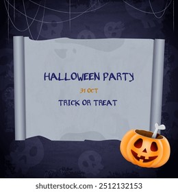 Blue grunge wallpaper background with creepy skulls, old empty paper frame, smirknig pumpkin and spider web for vector Halloween design