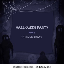 Blue grunge wallpaper background with creepy skulls, empty frame, spooky ghosts and spider web for vector Halloween design