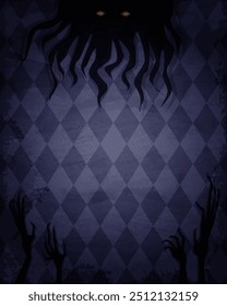 Blue grunge wallpaper background with creepy hands and shadow of spooky creature for vector Halloween design