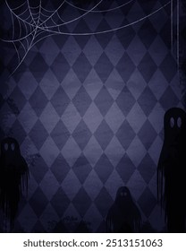 Blue grunge wallpaper background with creepy ghosts and spider web for vector Halloween design