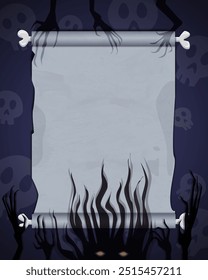 Blue grunge wallpaper background with creepy skulls, old empty paper frame, creepy hands and spooky creature for vector Halloween design