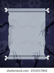 Fondo azul del Fondo de pantalla del grunge con los cráneos espeluznantes, marco de papel vacío viejo, manos espeluznantes y Web de la araña para el diseño de Halloween del Vector