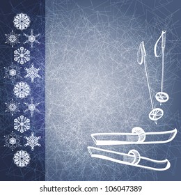 Blue grunge winter background with snow flakes, ski and poles. EPS10