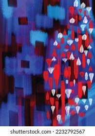 Blue grungy abstract brush strokes background with red and white decoration. Isolated vector wallpaper with vertical template for social media post, poster, website, banner, brochure, cover, and other