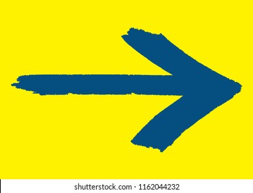 Blue grungy arrow direction sign painted with hand brush over vivid bright yellow color simple background vector illustration.