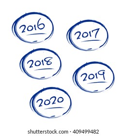Blue grungy frames with 2016-2020 years signs - isolated on white background. Vector illustration.