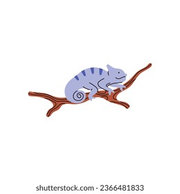 Blue guana on a branch. Hand drawn lizard character, side view isolated on white background. Childish colorful flat vector illustration of pet reptile animal. Exotic crawling mammal with rounded tail