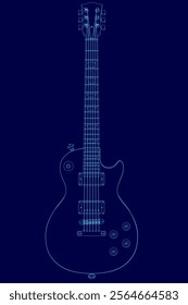 Blue guitar with a body and strings. The guitar is shown in a stylized way, with the strings and frets drawn in blue. Concept of creativity and artistic expression