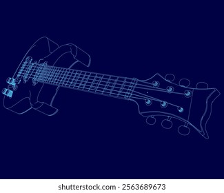 Blue guitar with headstock and a blue pick guard. The guitar is shown in a stylized way, with the strings and frets drawn in blue. Concept of creativity and artistic expression