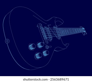 Blue guitar with a blue pickguard and a blue headstock. The guitar is shown in a stylized way, with the strings and frets clearly visible. Concept of creativity and artistic expression