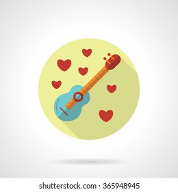 A blue guitar with red hearts around. Playing love melody. Serenades sign. Yellow round flat vector icon with long shadow. Element for web design, business, mobile app.