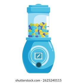 Blue gumball machine dispensing colorful candy using a coin slot