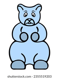 Blue gummy bear. A sweet jelly treat in the shape of an animal. Color vector illustration. Isolated background. Cartoon style. Delicious dessert for kids. Idea for web design.