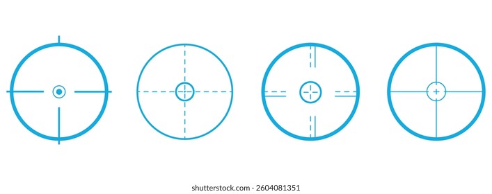 blue gun sight vector icons. Bullseye, black target or aim symbol. Military rifle scope, shooting mark sign. Targeting, aiming for a shot. Archery, hunting and sports shooting. Game UI element.