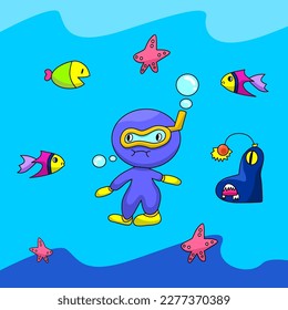Un tipo azul buceando en el vector de dibujos animados del Mar Azul adecuado para el libro de historias