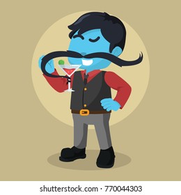Blue guy holding glass of wine with his moustache