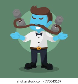 Blue guy lifting dumbbell with his moustache