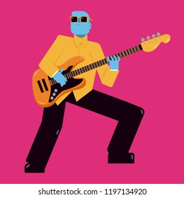 Blue Guy Using Sunglasses With Yellow Shirt Playing Bass