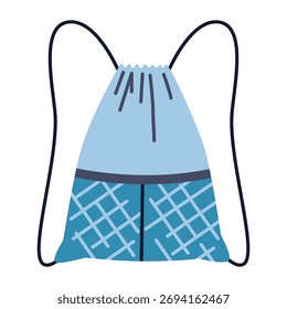 Blue gym drawstring bag for active lifestyle and workouts. Trendy modern vector illustration isolated on white background, hand drawn, flat design