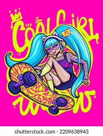 Blue hair Anime girl on skateboard with street art style neon text on pink background. Manga teenager illustration. Skateboarding sport poster.