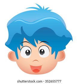 Blue Hair Boy Head Kid With Lots of Hair Cartoon Vector