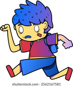 the blue hair boy is running to school